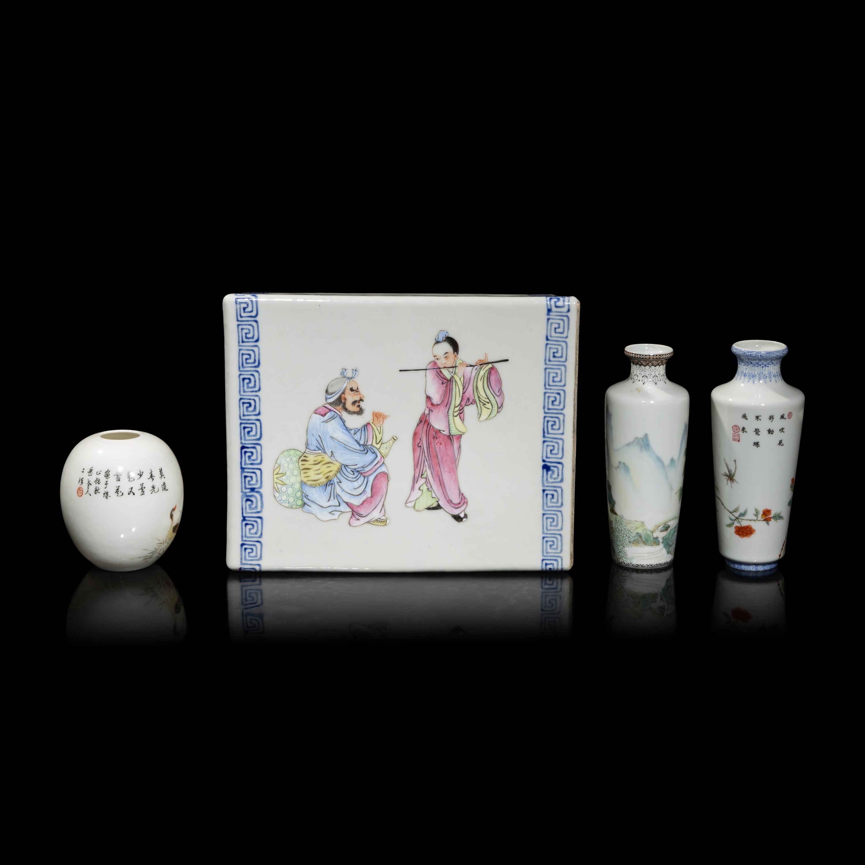 Three Chinese Eggshell Porcelain Vases and a Famille Rose Pillow, 20th Century 民國-近代 粉彩瓷三件