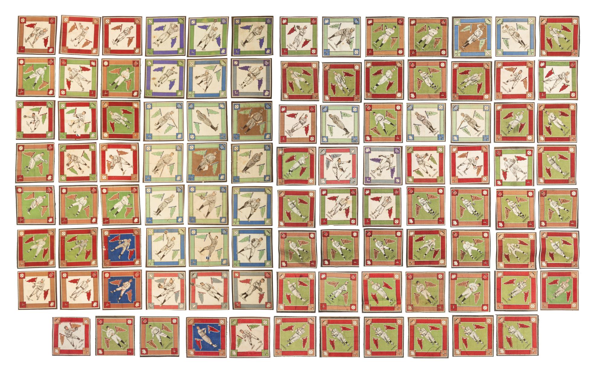 A Large Group of Over 100 1914 B18 Baseball Blanket Squares Including Multiple Hall of Famers,