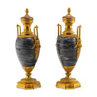A Pair of Louis XVI Style Gilt Bronze Mounted Marble Urns