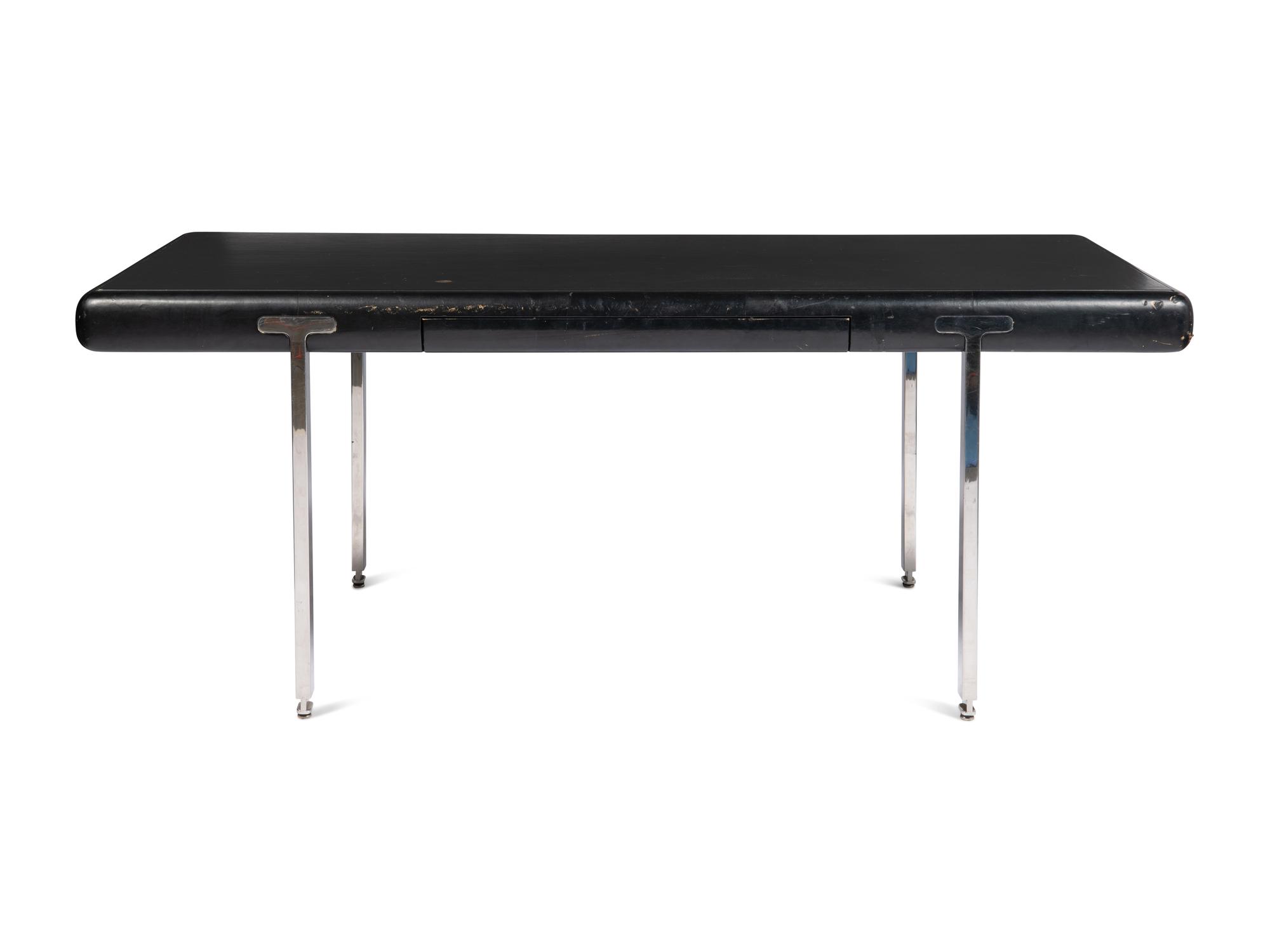 A Black Leather and Steel Mounted Desk