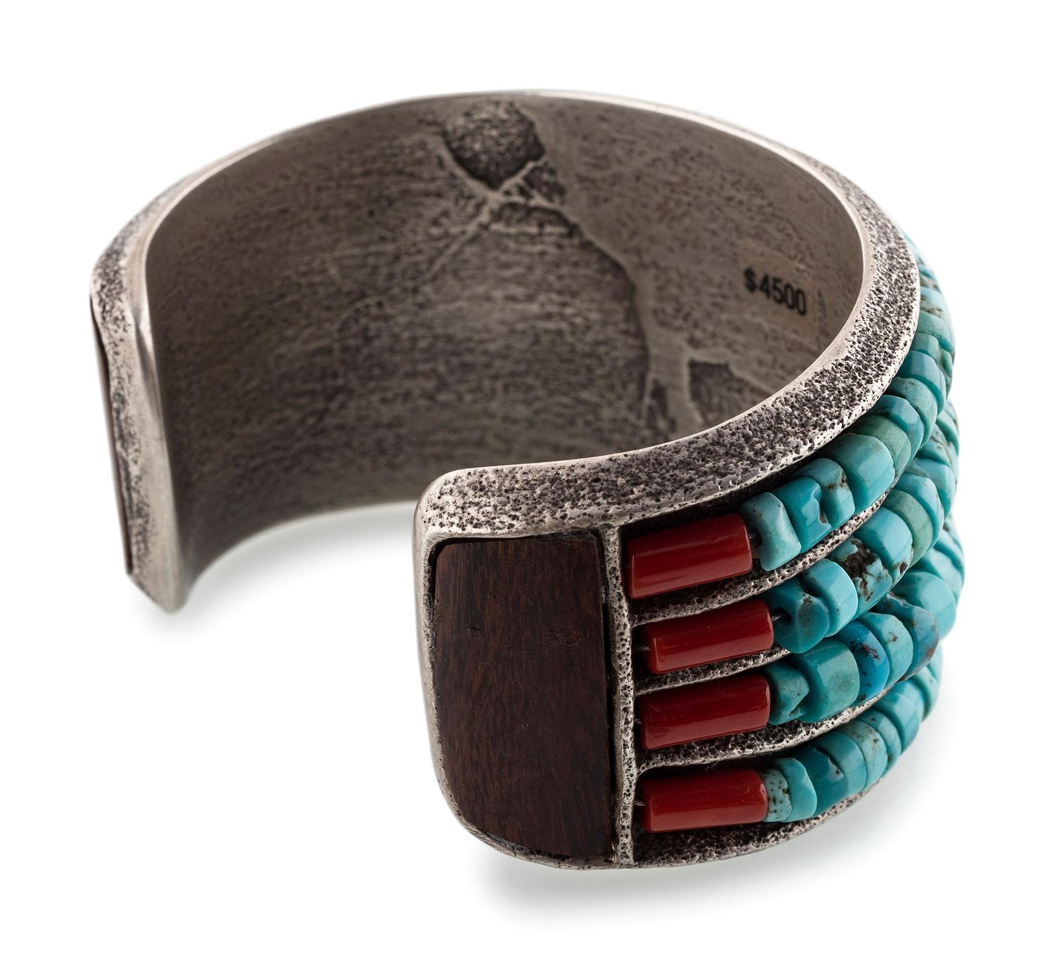 Tufa Cast Silver Cuff Bracelet, with Rolled Turquoise and Spiny Oyster Accents