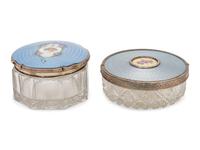 Two Continental Guilloché Enamel and Silver Mounted Glass Dresser Jars