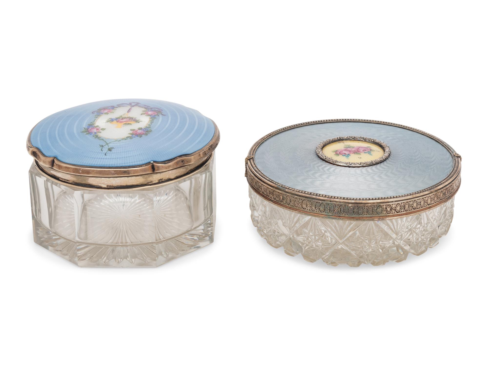 Two Continental Guilloché Enamel and Silver Mounted Glass Dresser Jars