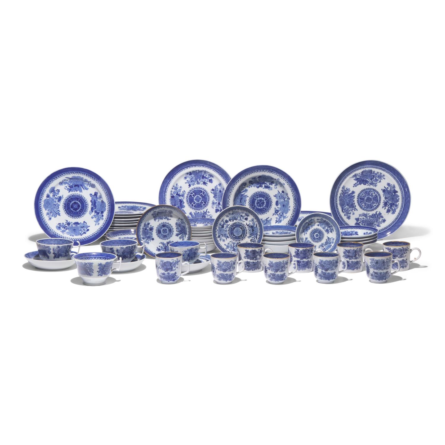 A Large Group of Sixty-Five Chinese Export Porcelain Fitzhugh Tablewares