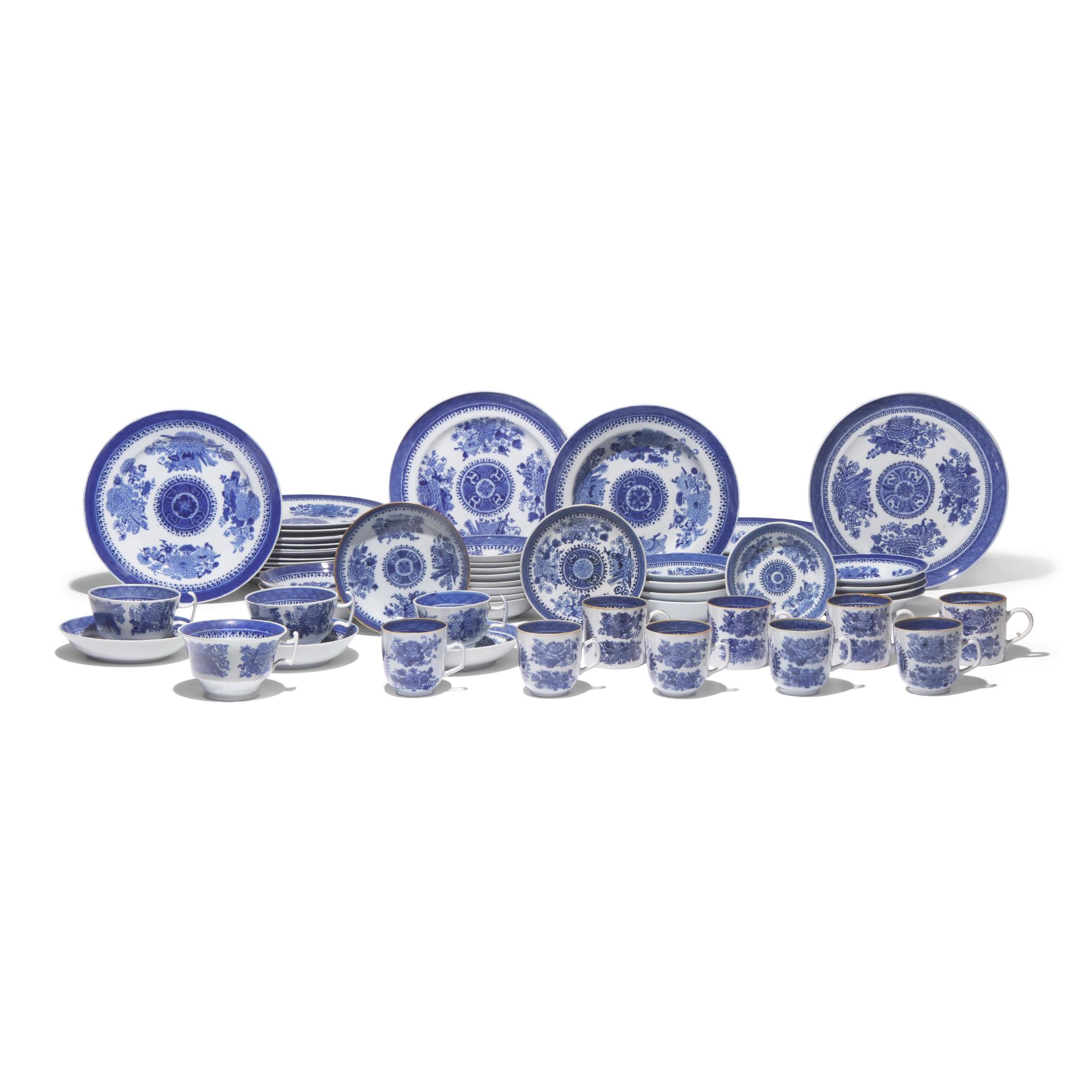 A Large Group of Sixty-Five Chinese Export Porcelain Fitzhugh Tablewares