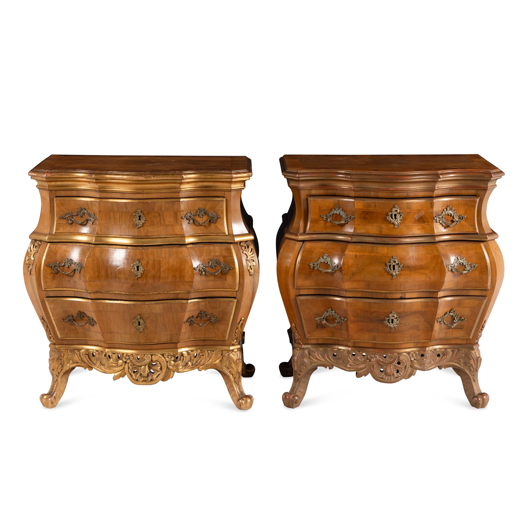 A Pair of Italian Walnut and Parcel Gilt Commodini