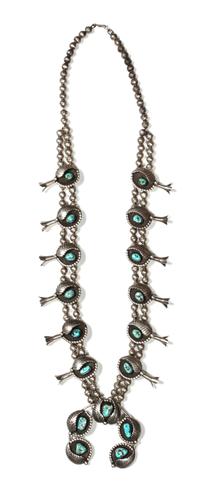 A Navajo Silver and Turquoise Squash Blossom Necklace, Bobby Thompson Length 32 inches; height of naja 2 1/2 x 3 inches.