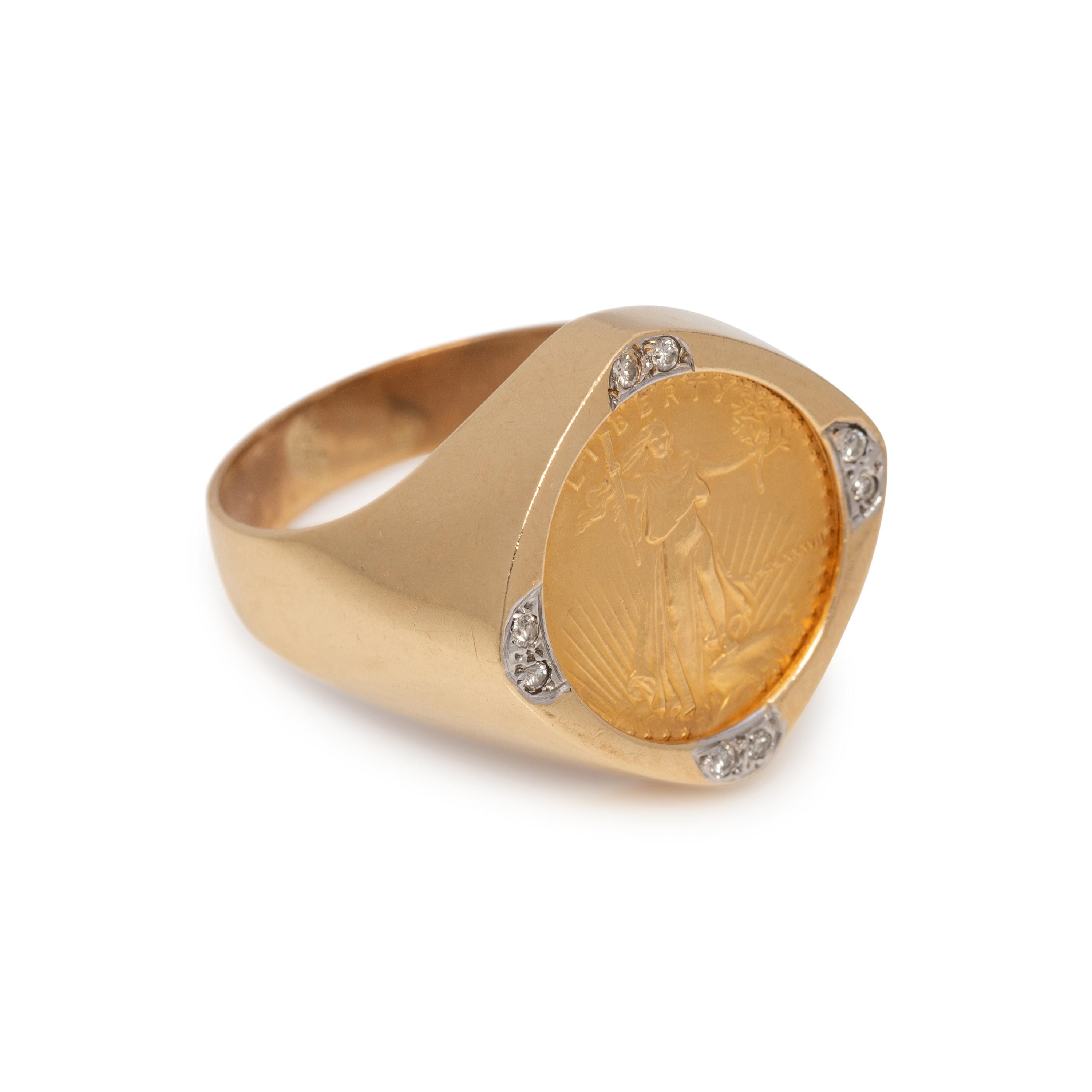 YELLOW GOLD, COIN AND DIAMOND RING