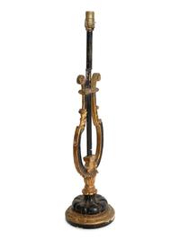 A Italian Ebonized Giltwood Harp-Form Lamp