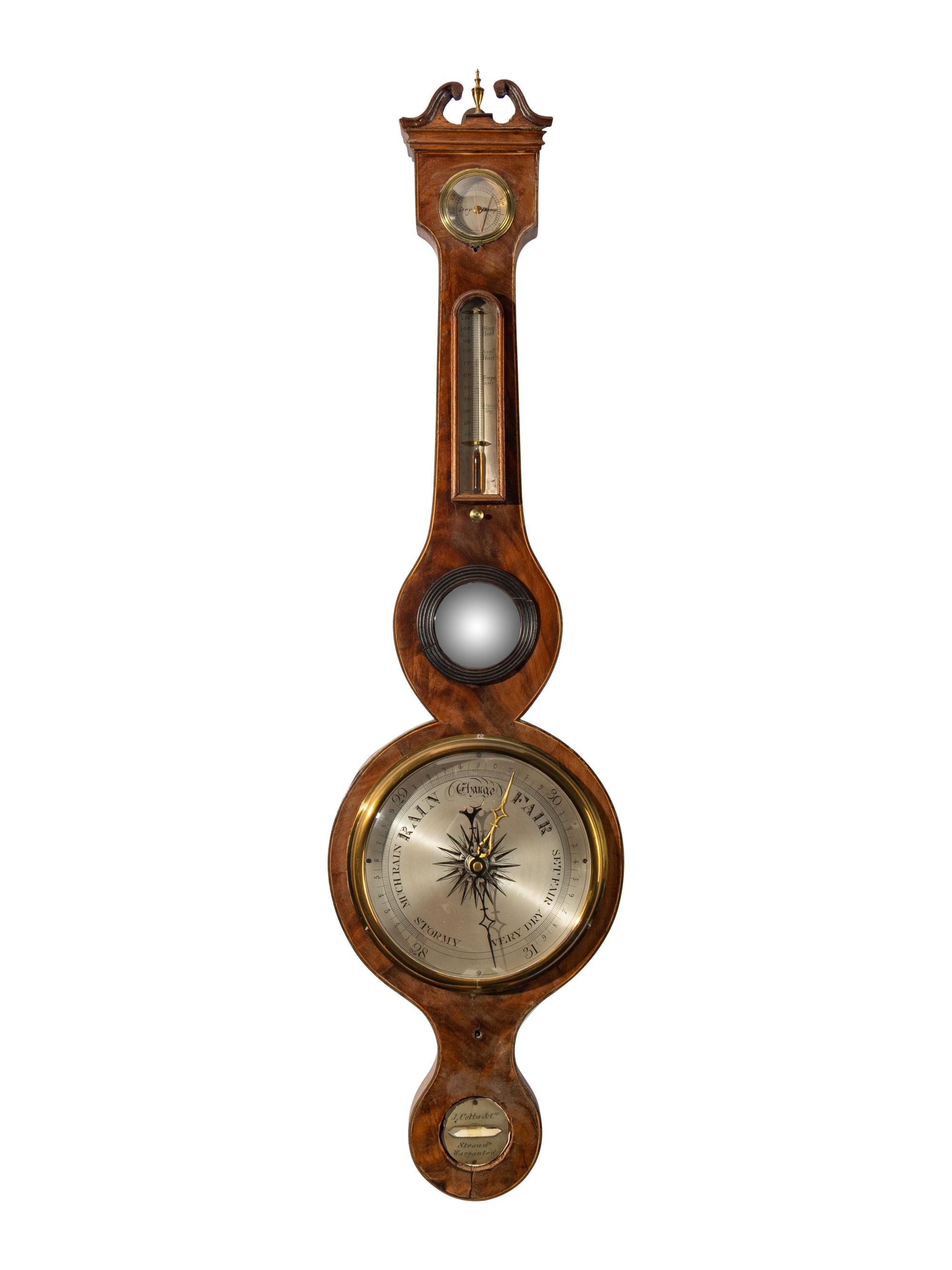An English Mahogany Wheel Barometer and Thermometer