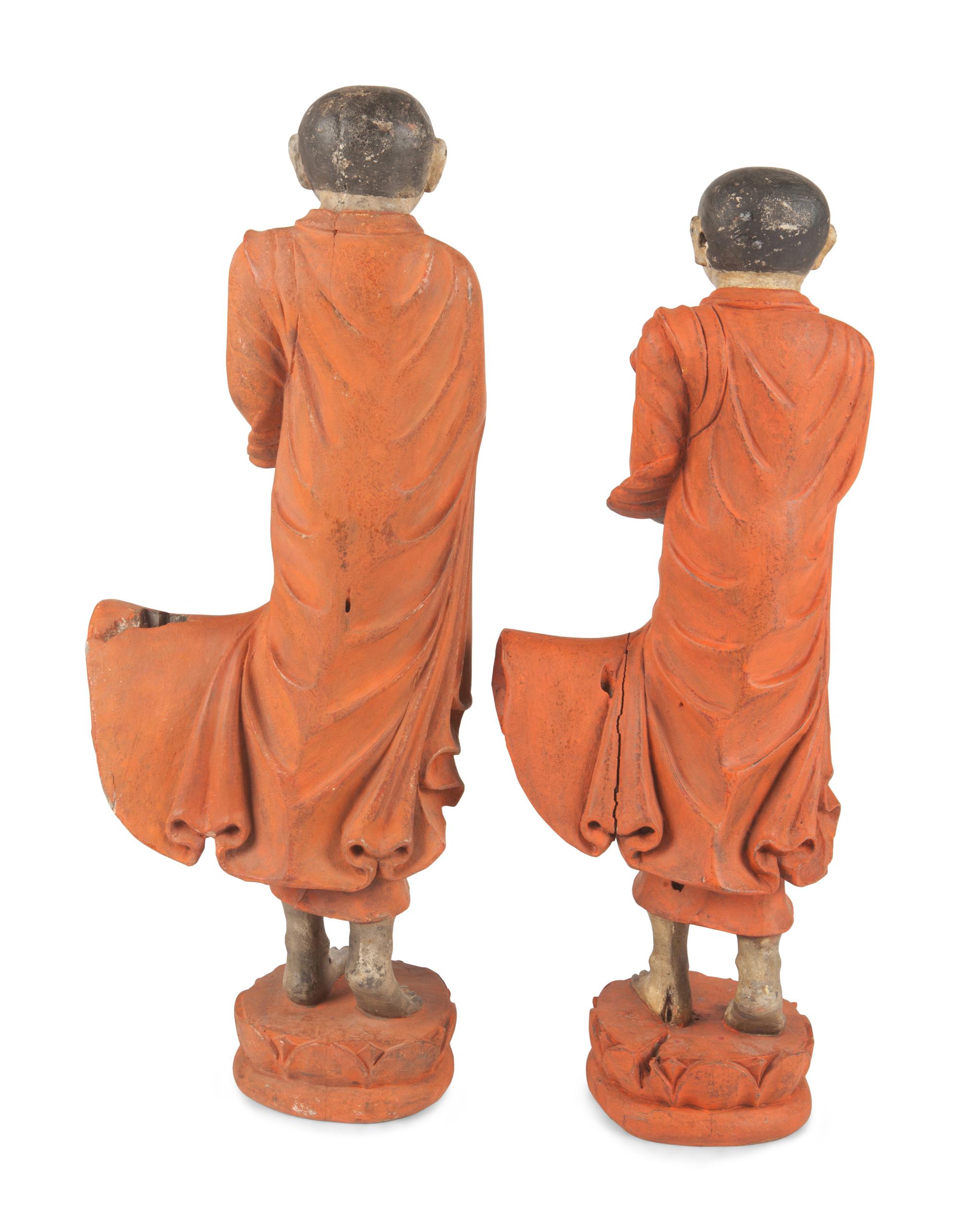 Two Burmese Polychrome Painted Carved Wood Figures