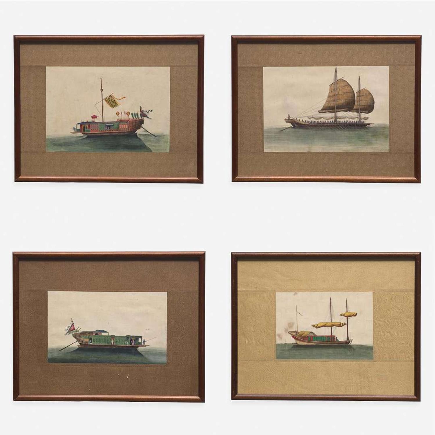 A Suite of Eight Chinese Export Paintings of Junks and Vessels 19th century