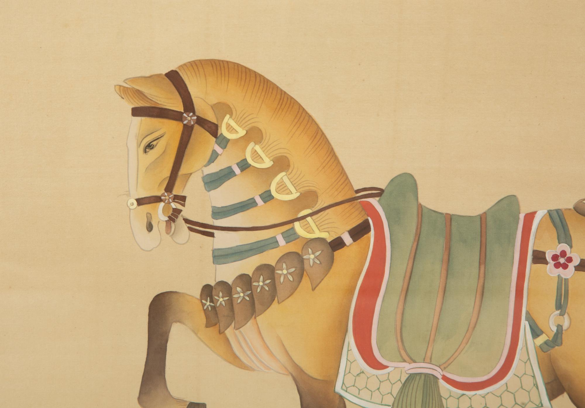 A Group of Four Chinese Gilt Framed Watercolors of Horses