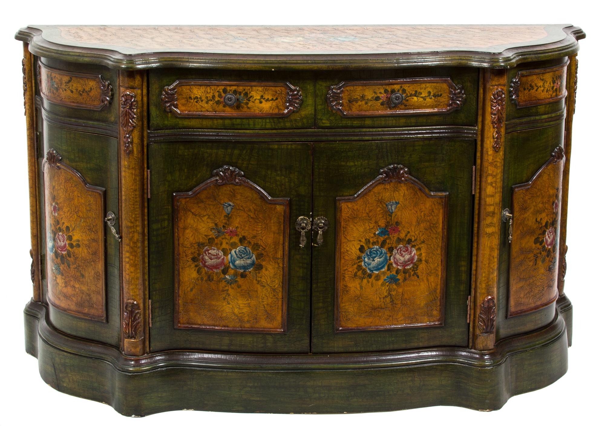 A Louis XV Style Painted Serpentine Console Cabinet Height 38 x width 60 inches. — 20TH CENTURY