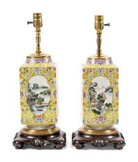 A Pair of Chinese Enameled Yellow-Ground Porcelain Jars Mounted as Lamps
