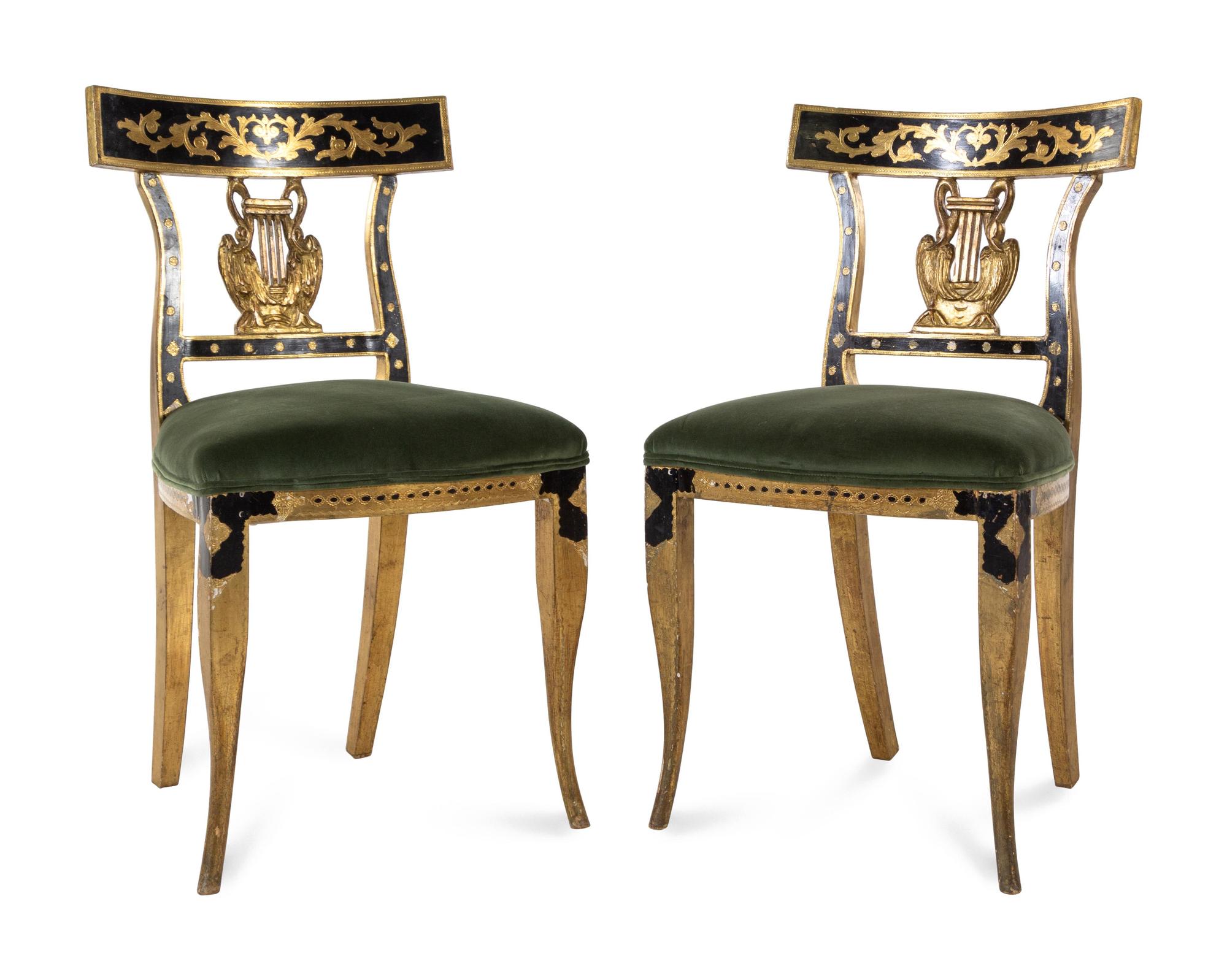 A Pair of Italian Parcel Ebonized and Giltwood Side Chairs