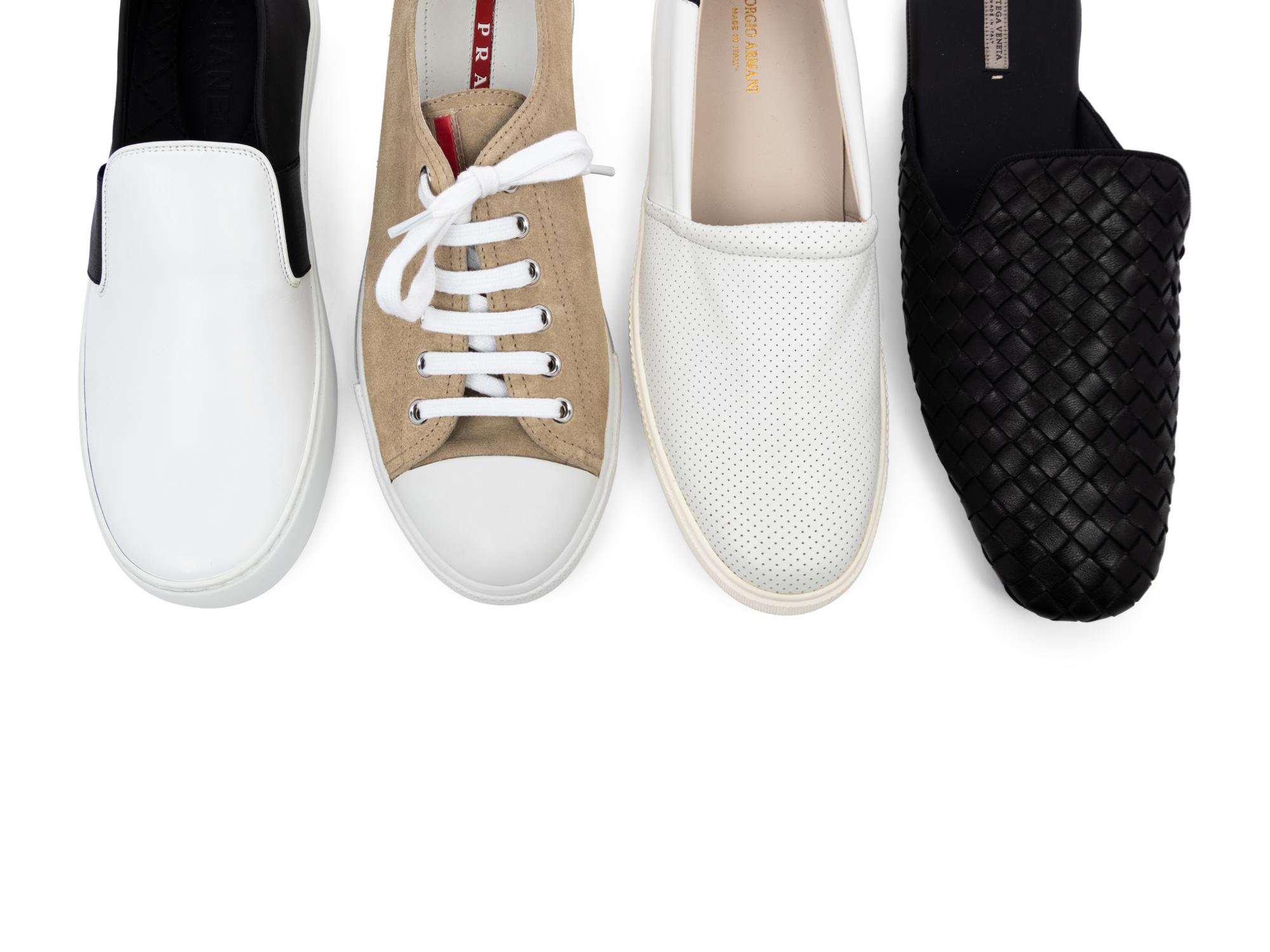 Four Pairs of Unworn Designer Casual Shoes: Chanel, Bottega, Prada and Giorgio Armani