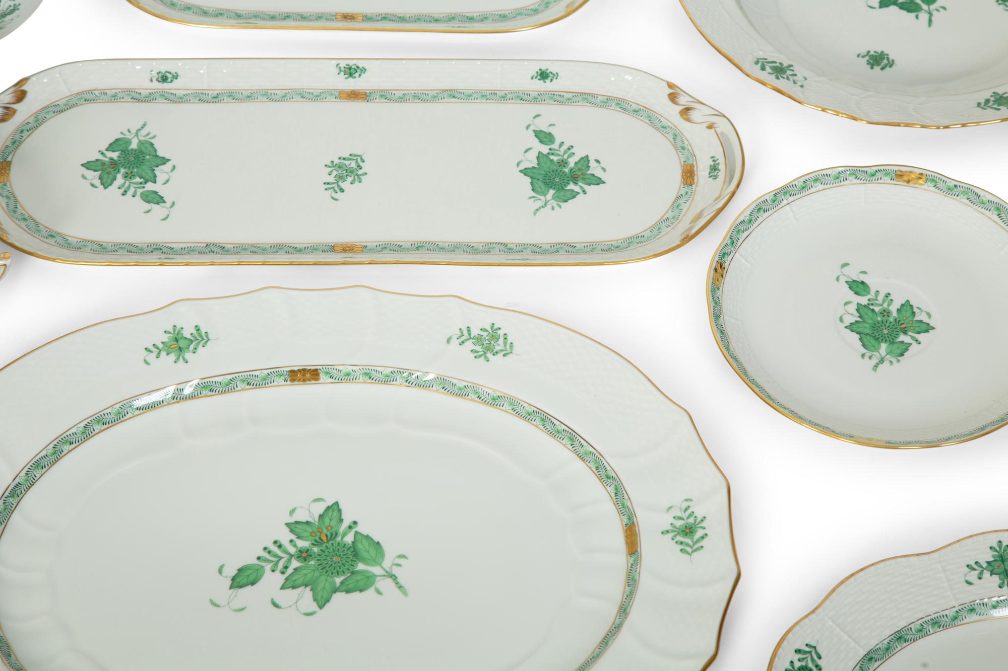 A Partial Herend Chinese Green Bouquet Porcelain Dinner Service and Serving Pieces — 20TH CENTURY