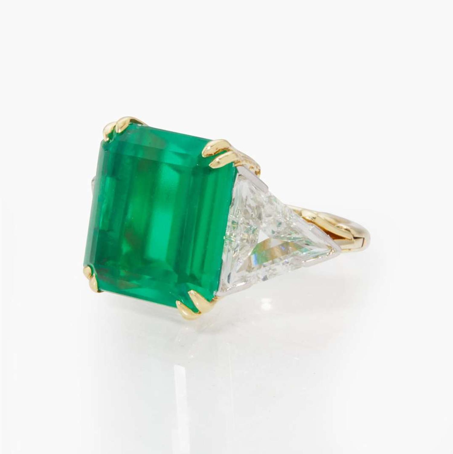 A 14K Gold, Green Glass, and Diamond Ring