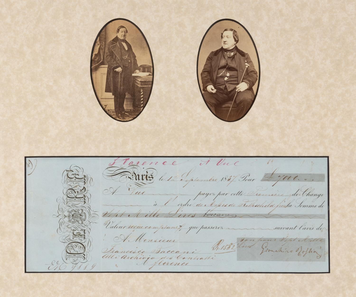 ROSSINI, Gioachino (1792-1868). Bank check, signed (“Gioachino Rossini”), 12 September 1857.