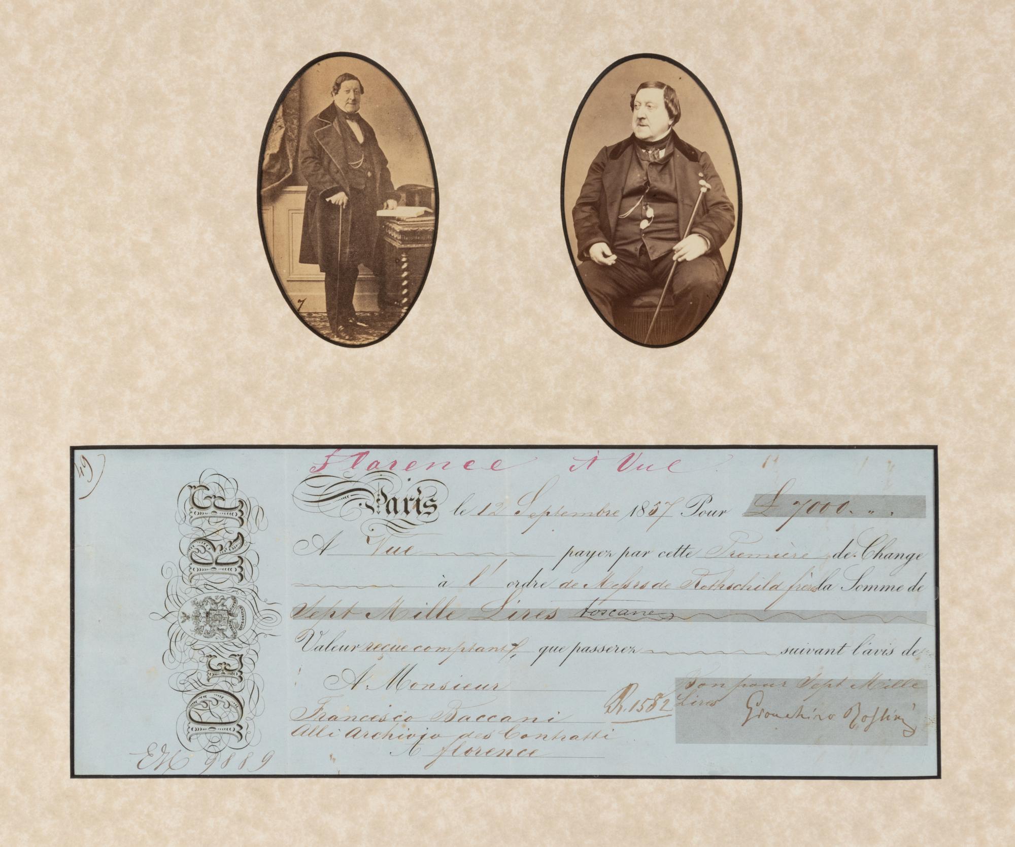 ROSSINI, Gioachino (1792-1868). Bank check, signed (“Gioachino Rossini”), 12 September 1857.