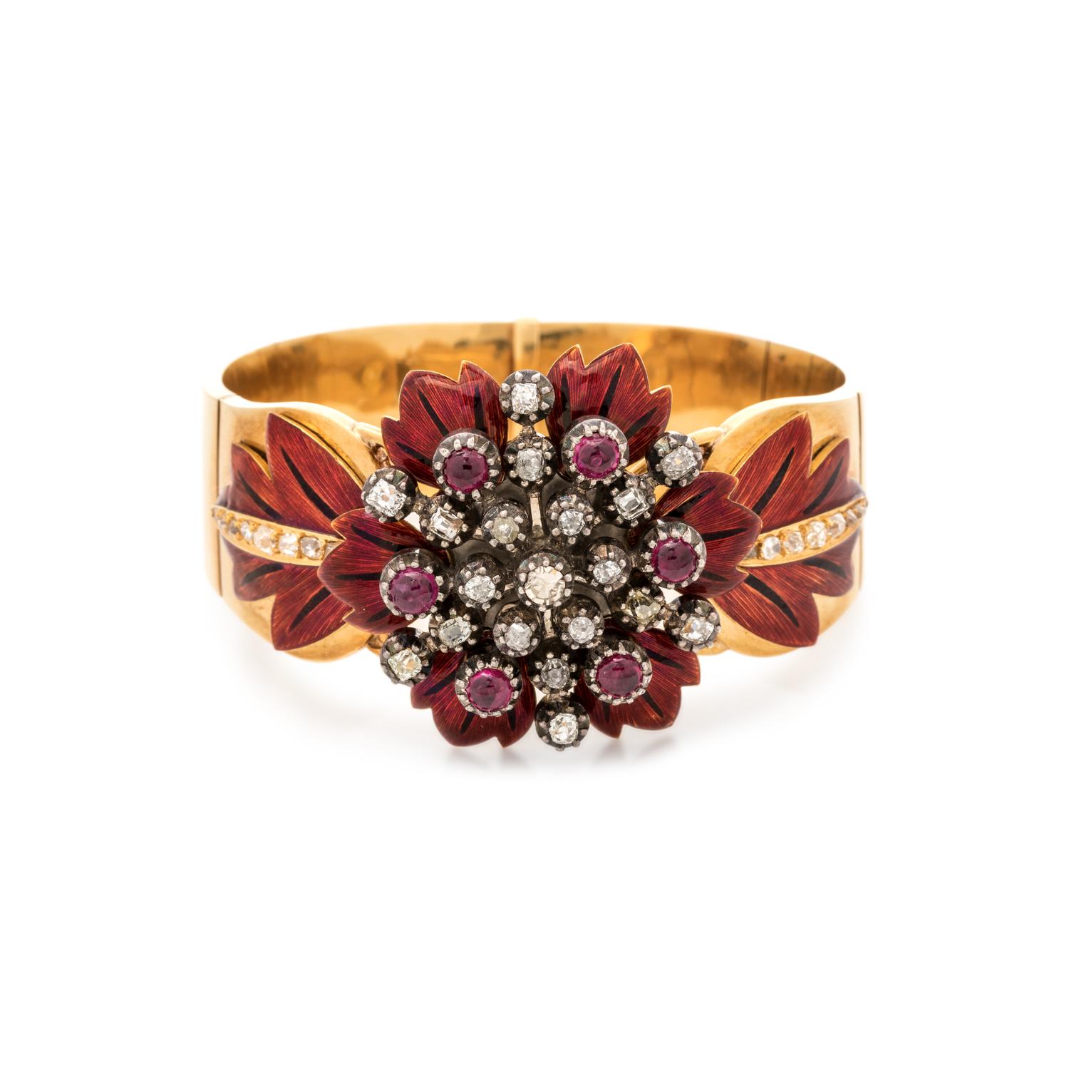 FRENCH, VICTORIAN, DIAMOND, RUBY AND ENAMEL BANGLE BRACELET