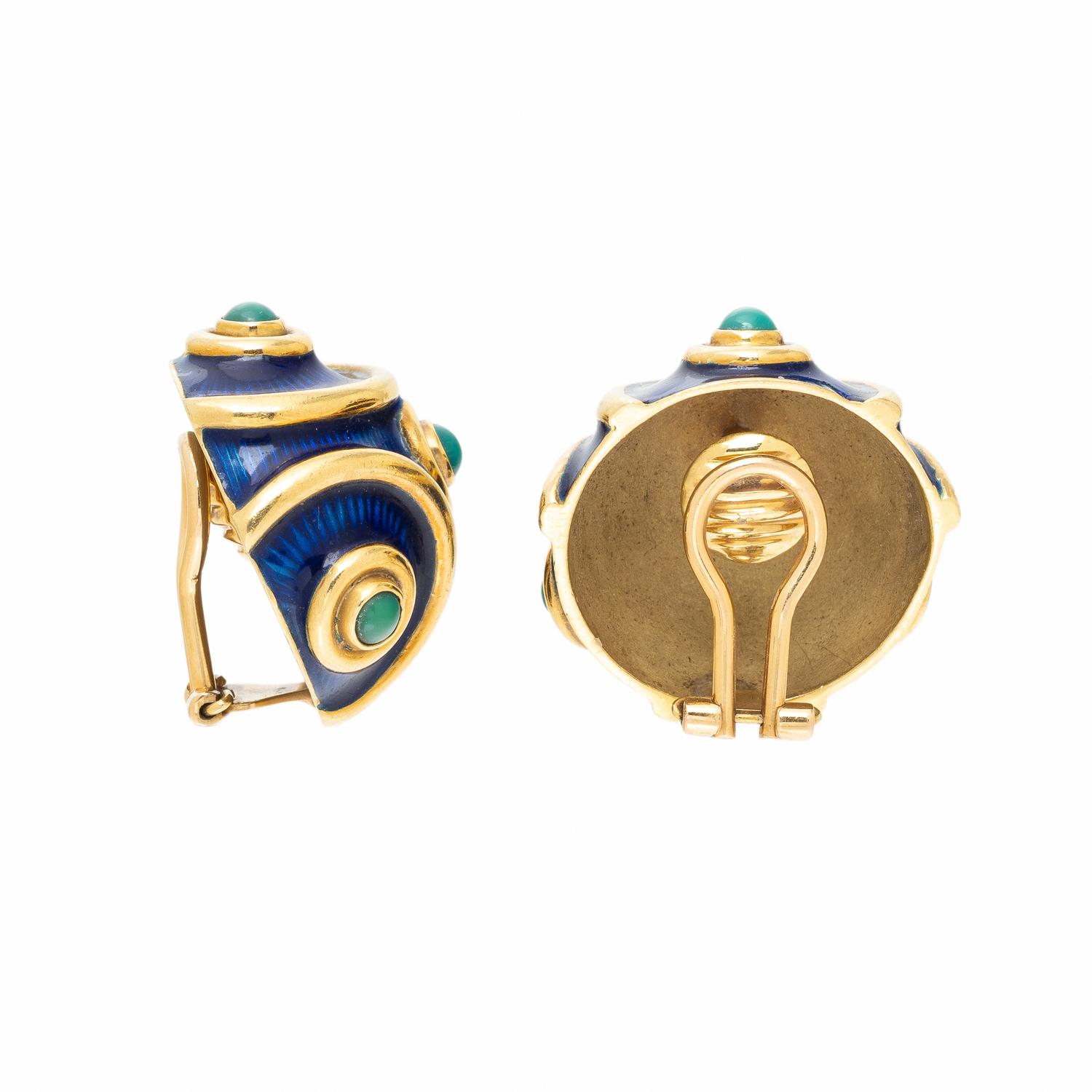 TIFFANY & CO., TURQUOISE, ENAMEL, AND YELLOW GOLD EARRINGS