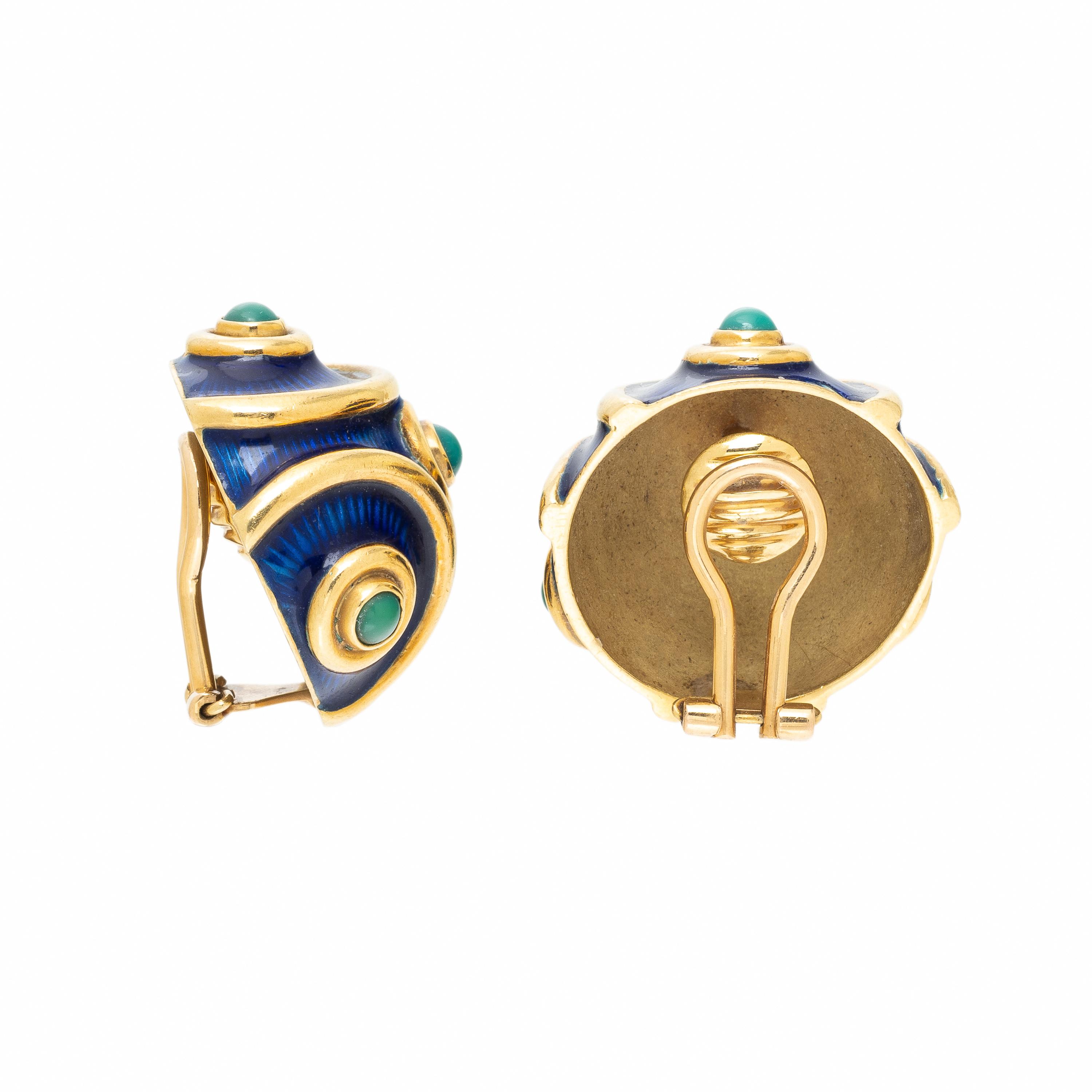 TIFFANY & CO., TURQUOISE, ENAMEL, AND YELLOW GOLD EARRINGS