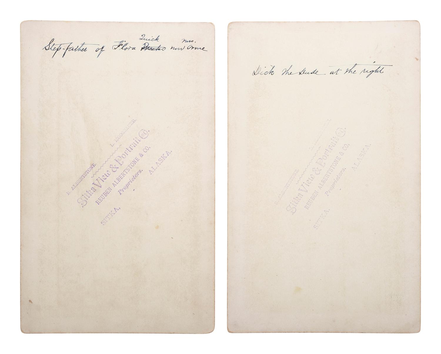 [NATIVE AMERICANS]. ALBERTSTONE, R. and MOOSBAUER, L., photographers. A group of 2 boudoir photographs of Tlingit figures in traditional regalia. Sitka, Alaska: Reuben Albertstone & Co., ca 1890s.