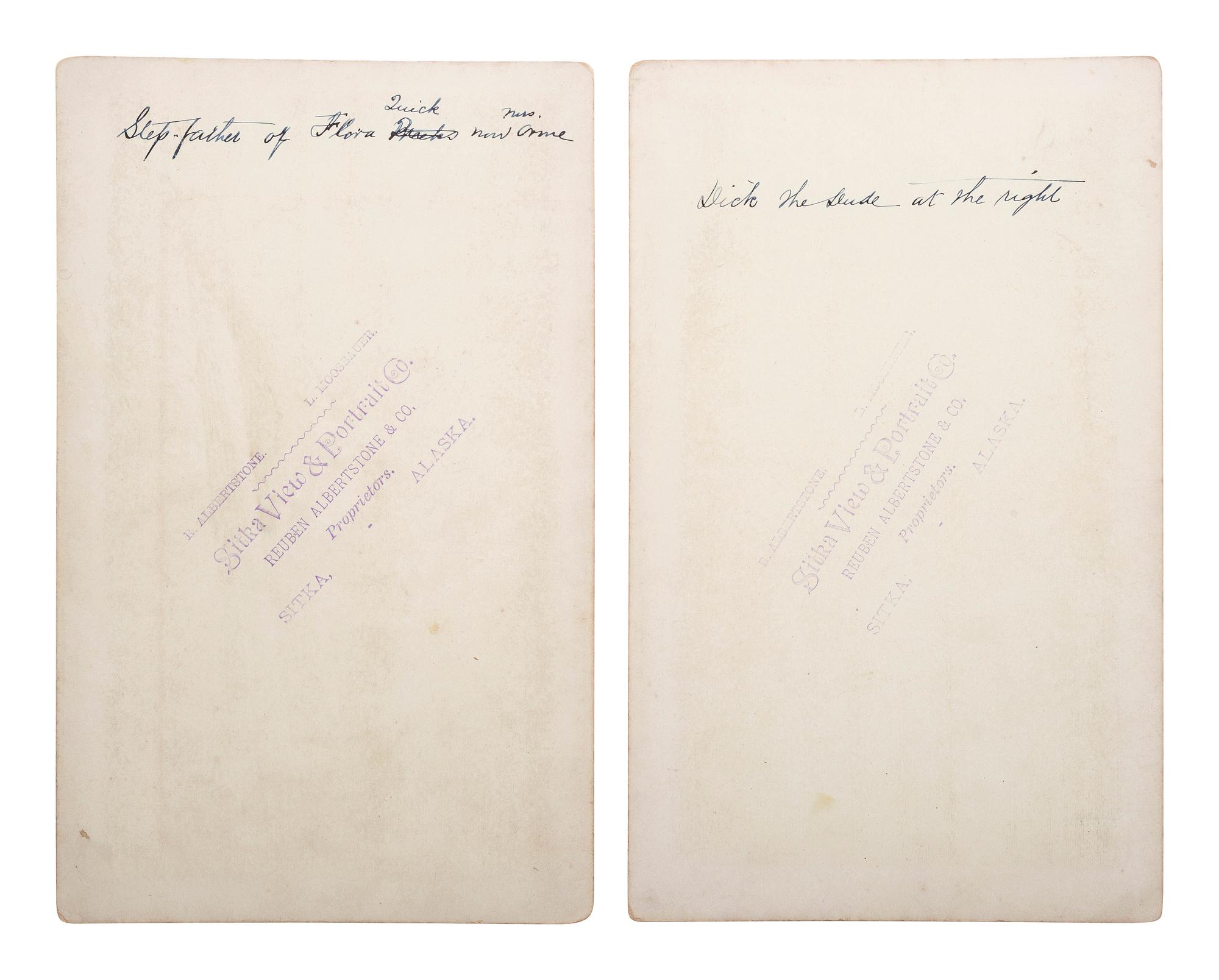 [NATIVE AMERICANS]. ALBERTSTONE, R. and MOOSBAUER, L., photographers. A group of 2 boudoir photographs of Tlingit figures in traditional regalia. Sitka, Alaska: Reuben Albertstone & Co., ca 1890s.