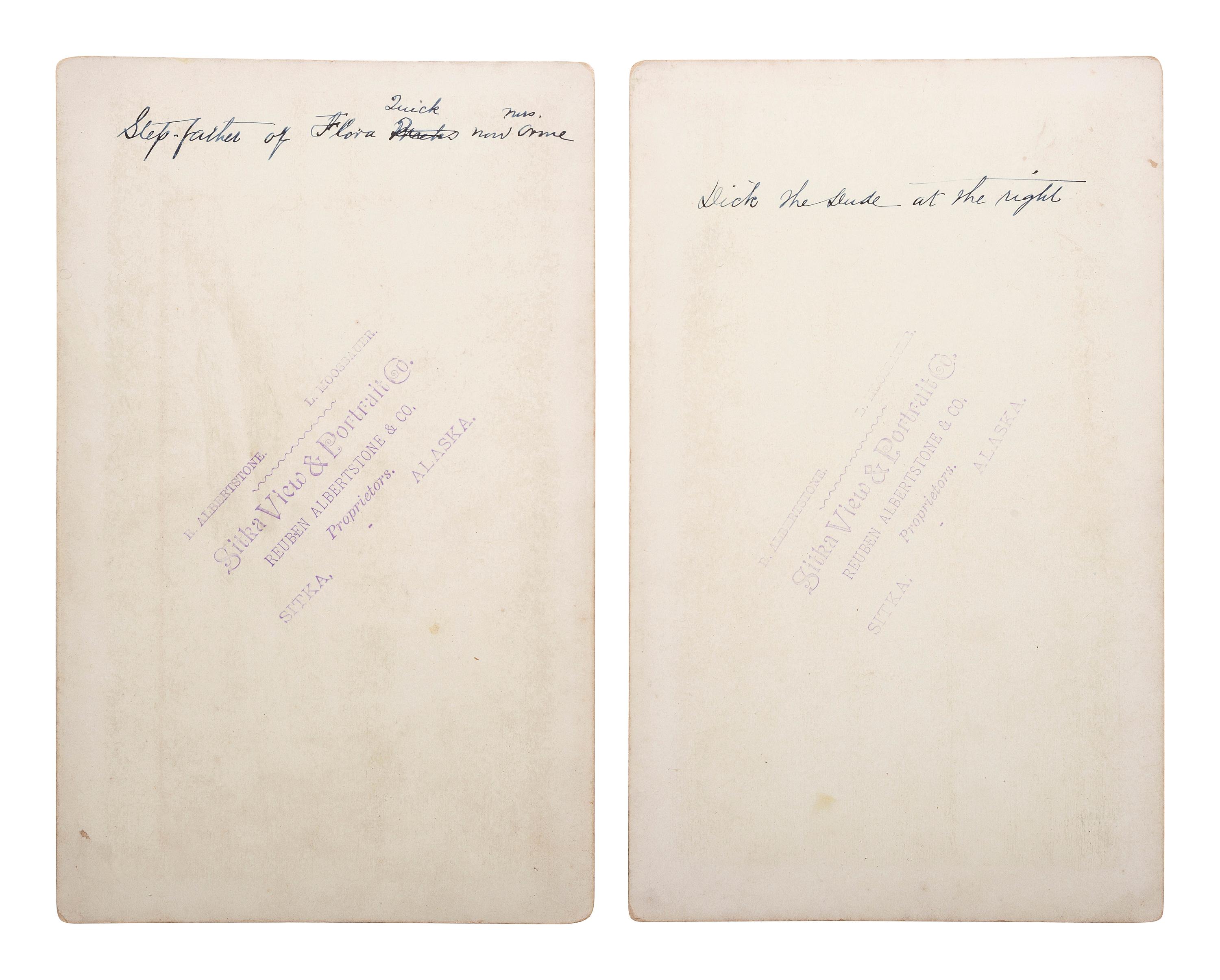 [NATIVE AMERICANS]. ALBERTSTONE, R. and MOOSBAUER, L., photographers. A group of 2 boudoir photographs of Tlingit figures in traditional regalia. Sitka, Alaska: Reuben Albertstone & Co., ca 1890s.