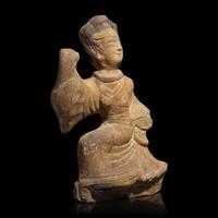 A Chinese Sichuan Style Red Pottery Figure of a Dancer, Han Dynasty — 漢 四川風格灰陶彩繪樂舞俑