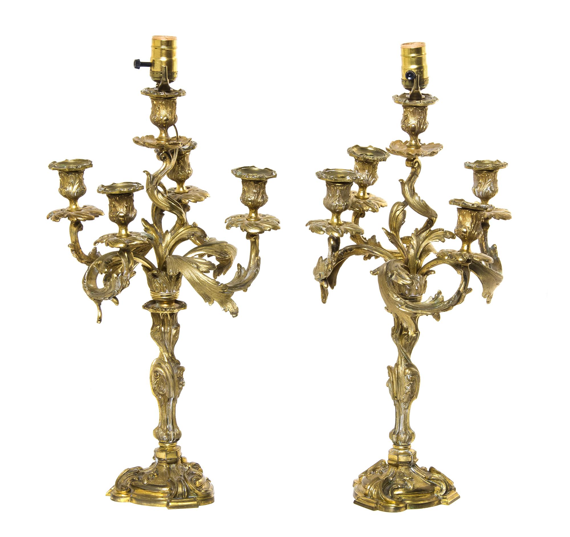 A Pair of Louis XV Gilt Bronze Five-Light Candelabra, Height 20 1/2 inches.