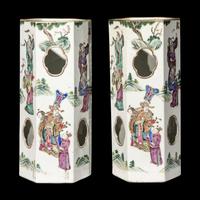 A Pair of Chinese Famille Rose Hexagonal Porcelain Hat Stands