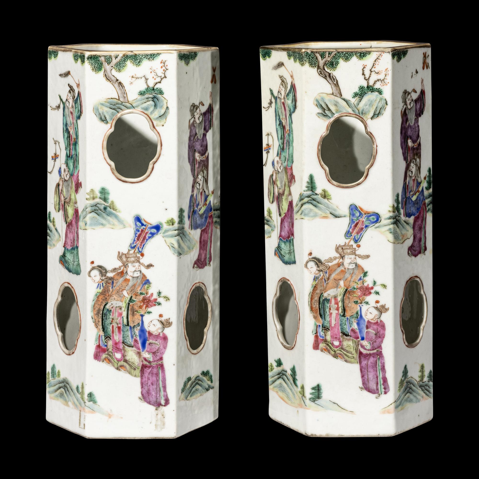A Pair of Chinese Famille Rose Hexagonal Porcelain Hat Stands