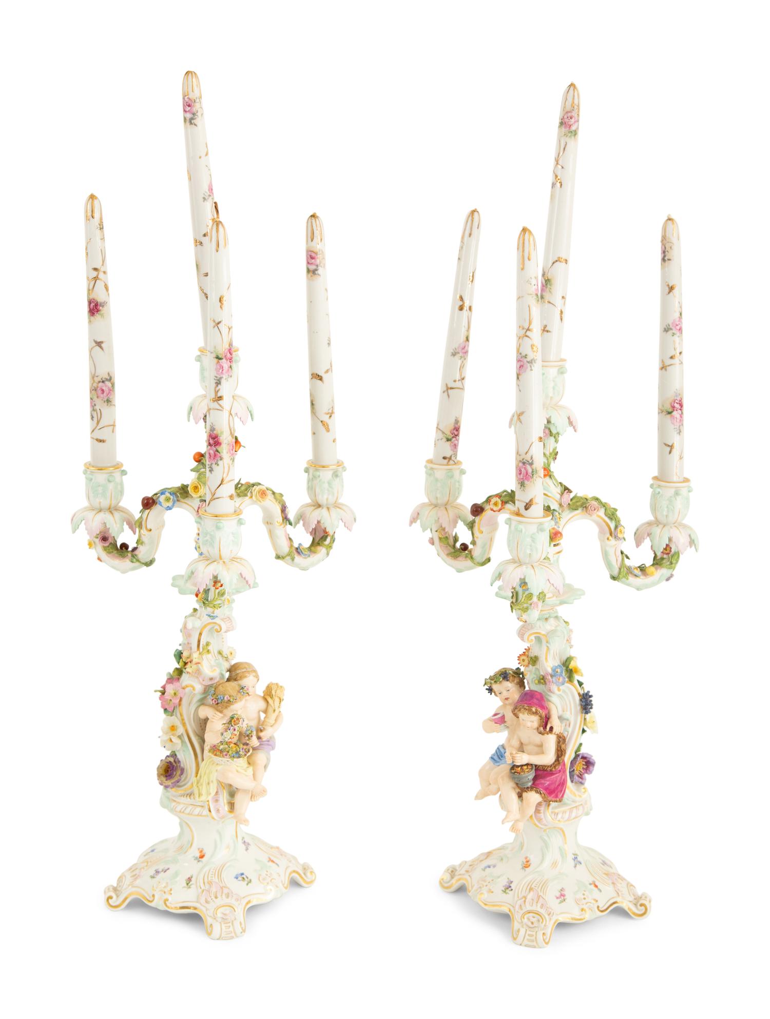 A Pair of Meissen Porcelain Figural Four Light Candelabra