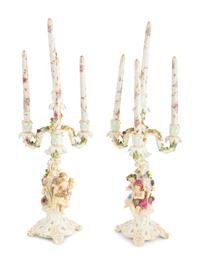 A Pair of Meissen Porcelain Figural Four Light Candelabra