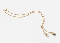 An 18K Yellow Gold, Pearl, and Diamond Lariat Necklace