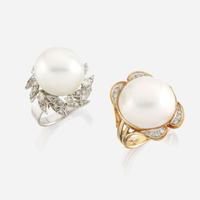 Two cultured pearl, diamond, and gold rings