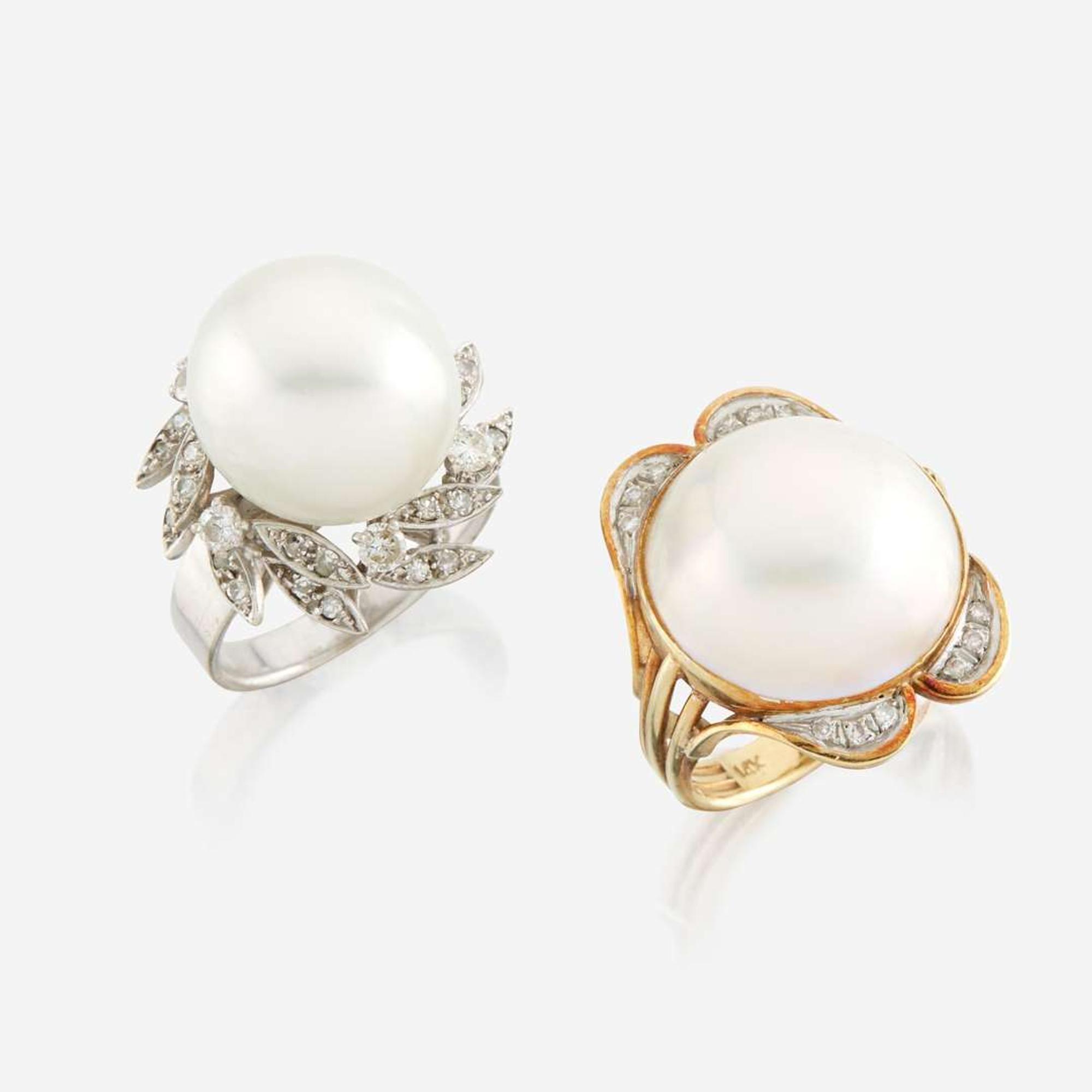 Two cultured pearl, diamond, and gold rings
