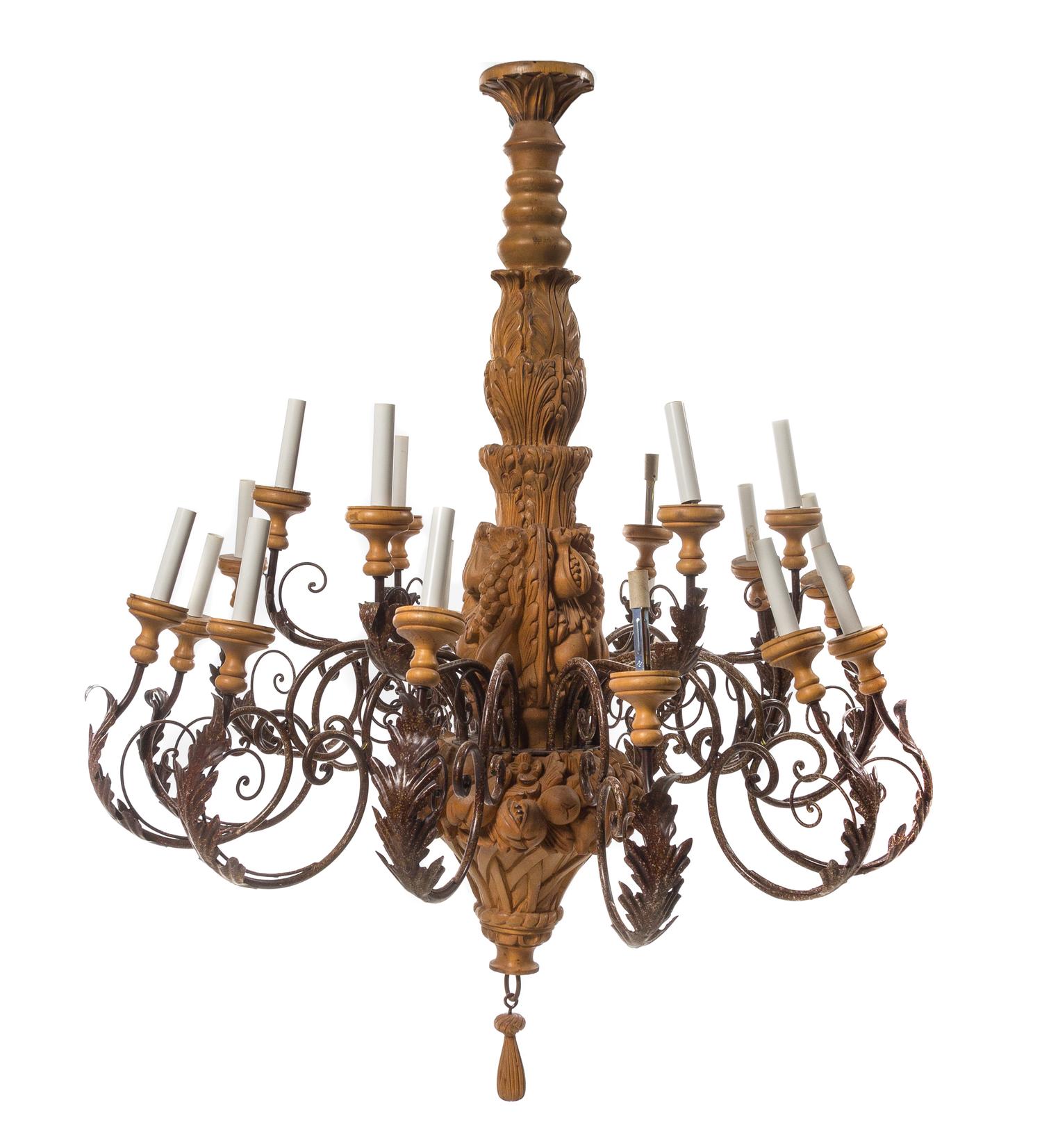 A Carved Wood Twenty-Seven Light Chandelier Height 47 5/8 x diameter 39 inches. — SECOND HALF 20TH CENTURY