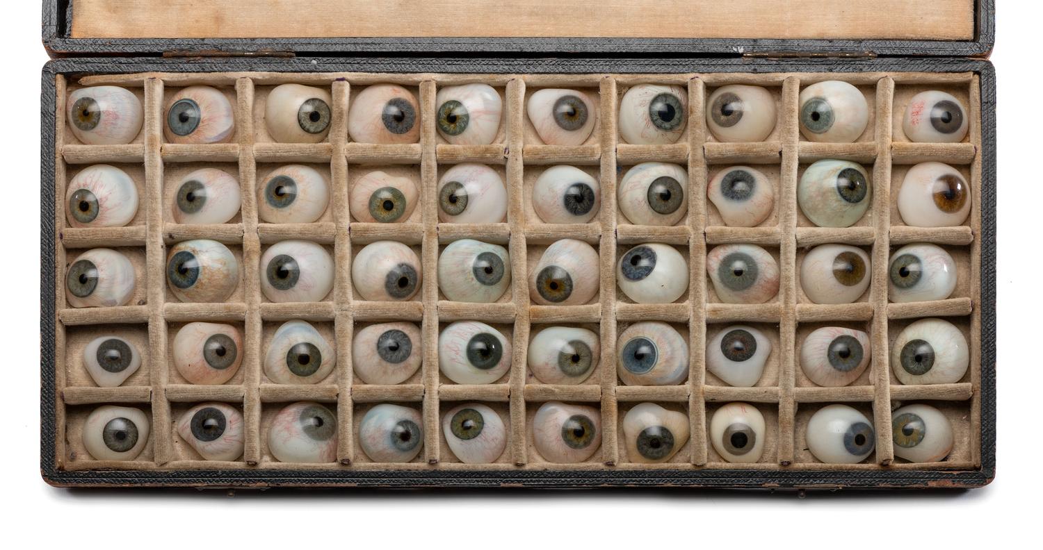 A Cased Set of Fifty Colored Glass Prosthetic Eyes