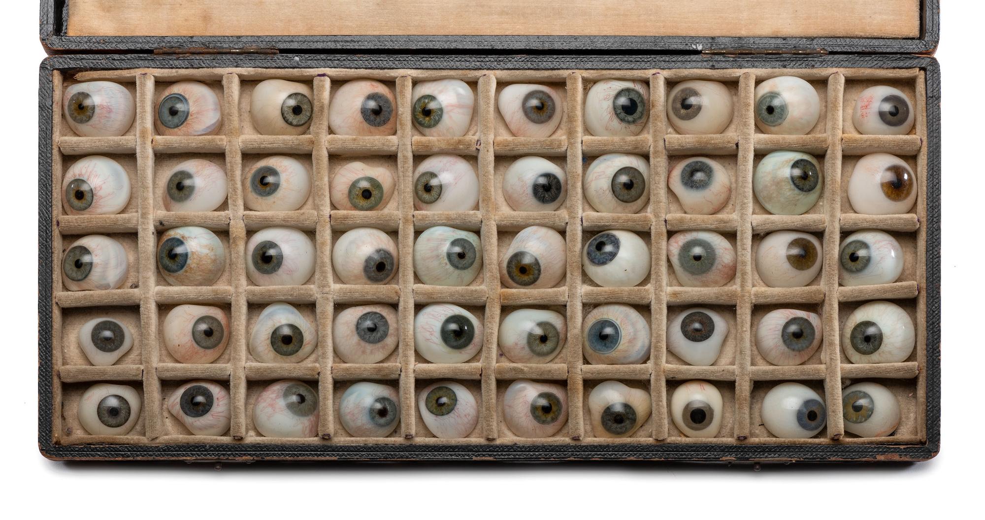 A Cased Set of Fifty Colored Glass Prosthetic Eyes