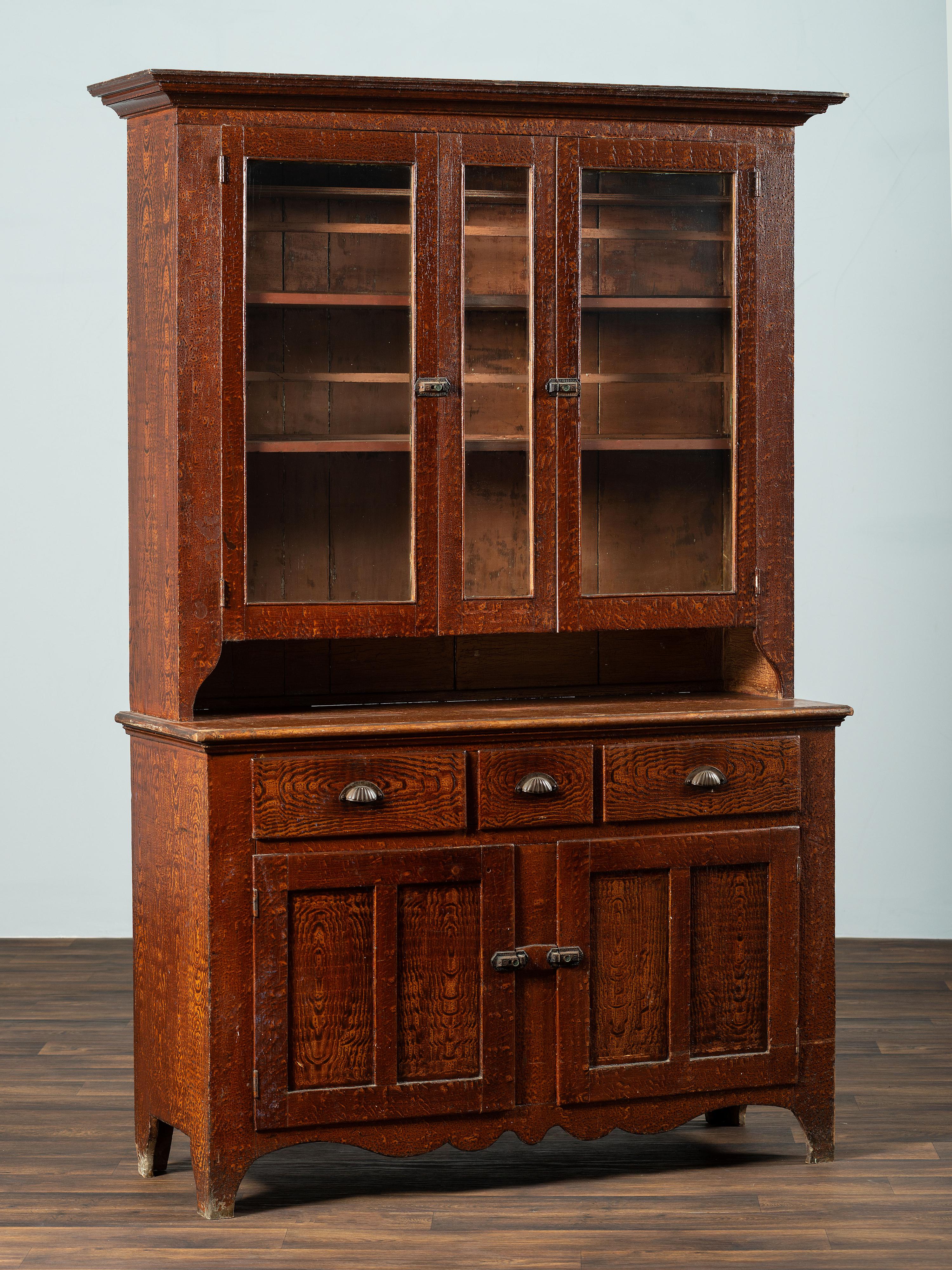 A Country Grain Paint Decorated Poplar Step-Back Cupboard