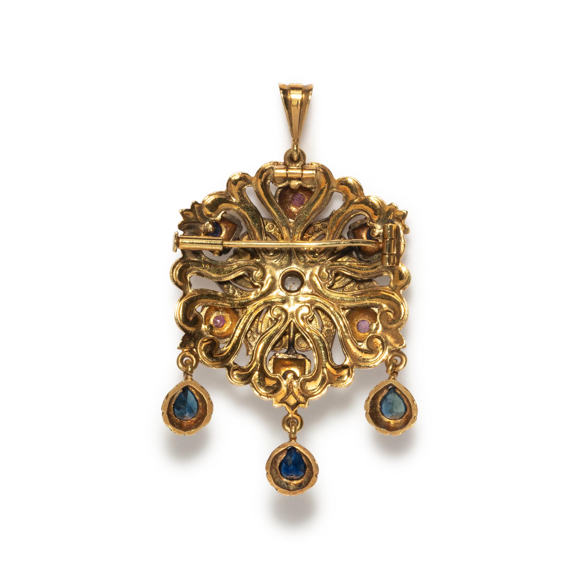 ANTIQUE, DIAMOND, PEARL, GEMSTONE AND ENAMEL PENDANT/BROOCH
