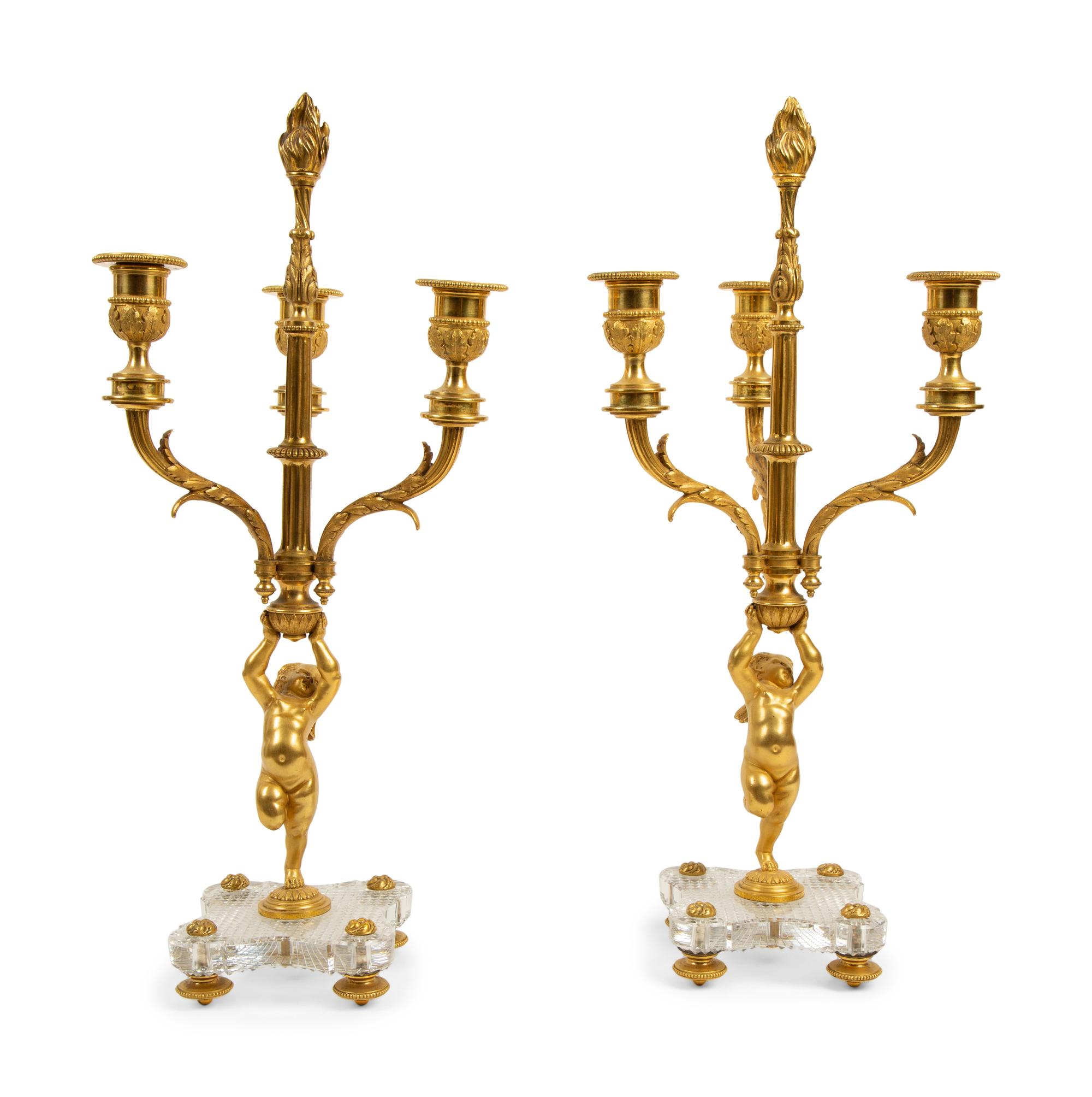 A Pair of Louis XVI Style Gilt Bronze and Cut Glass Mounted Candelabra — Baccarat, Early 20th Century