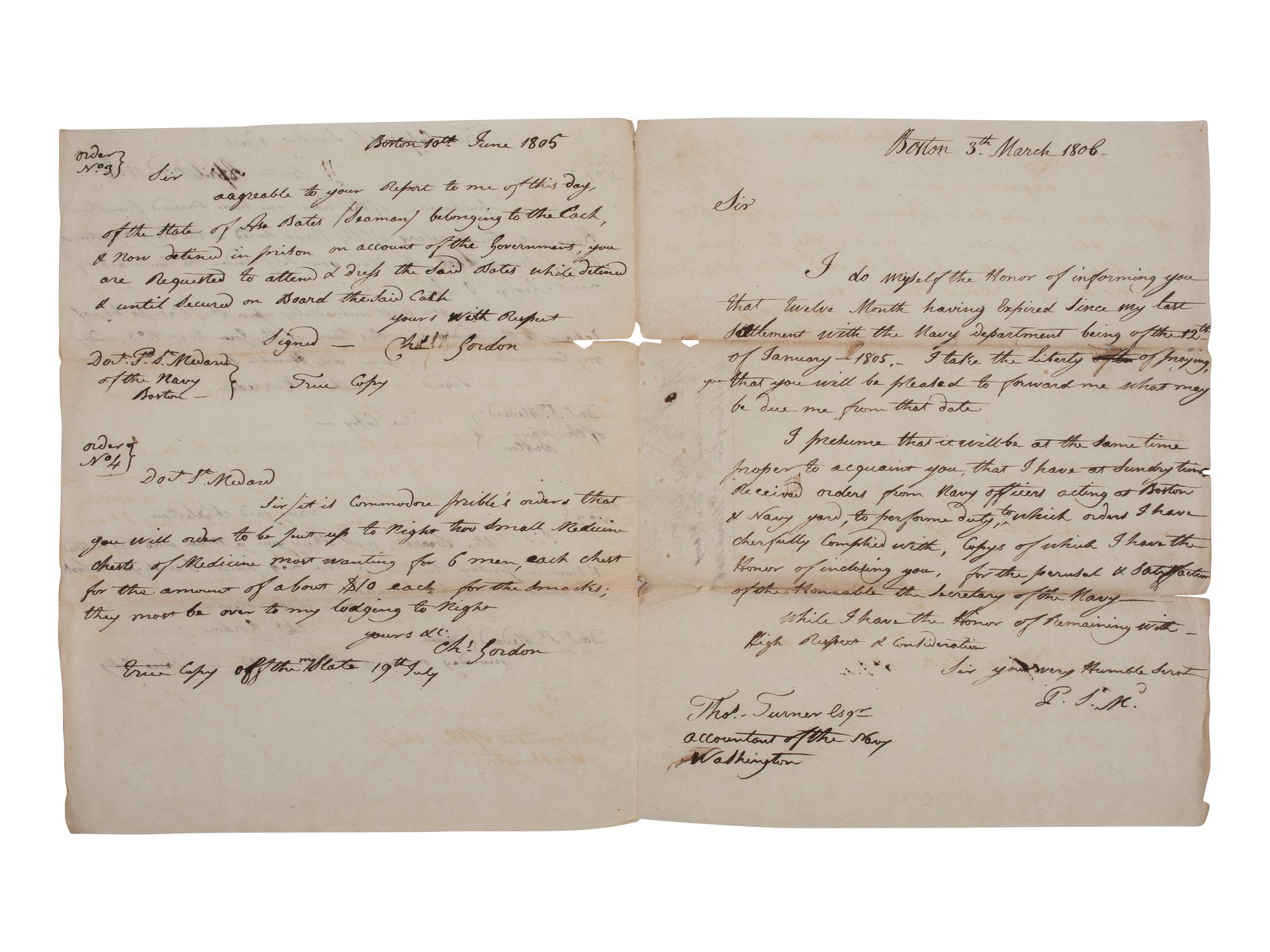 [WAR OF 1812]. Manuscript archive identified to French-American Naval Surgeon Dr. Peter (née Pierre) St. Medard (1775/6-1822) related to his Navy service from 1804-1814.