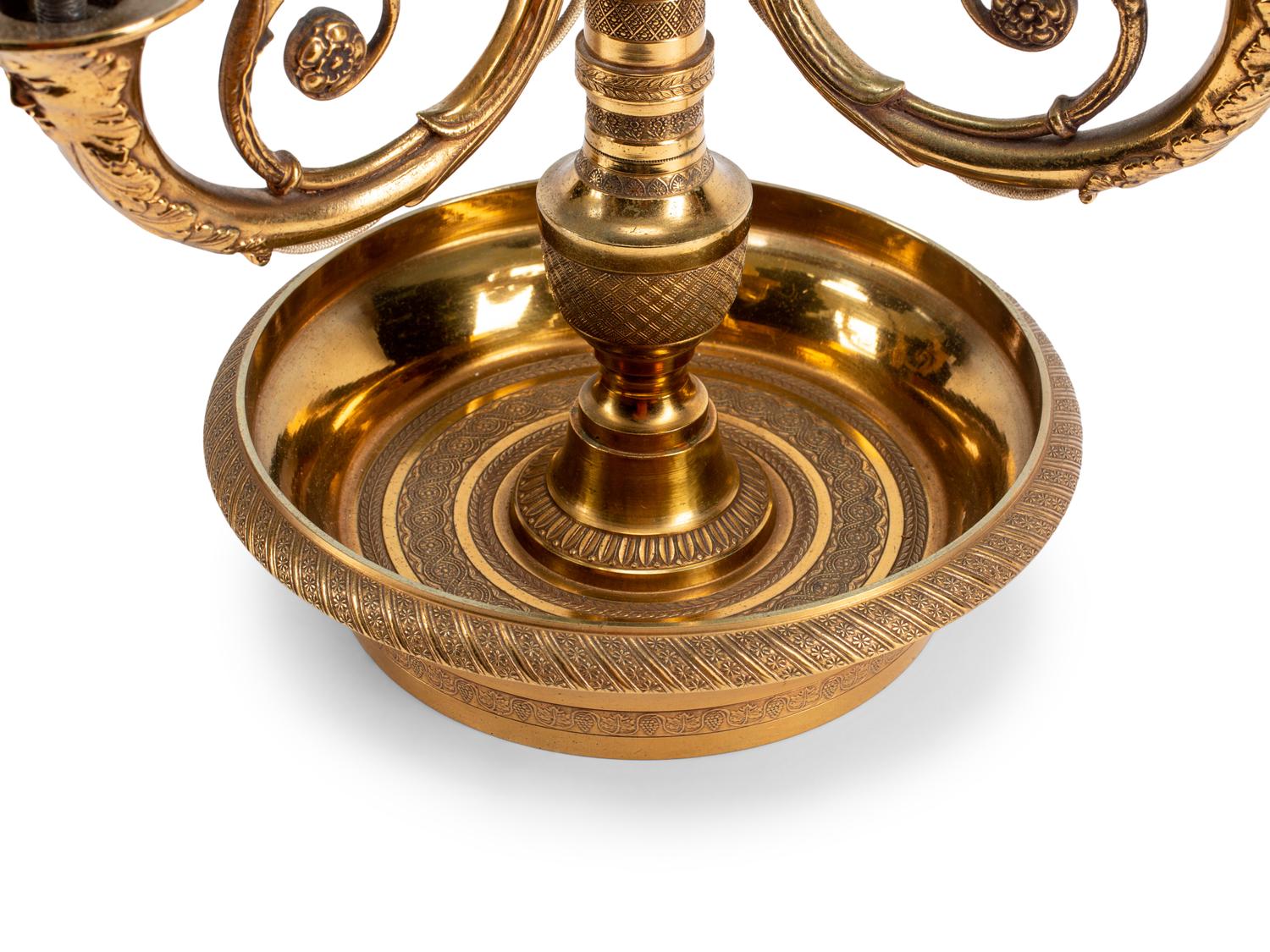 A Pair of Empire Style Brass Bouillotte Lamps with Tole Shades
