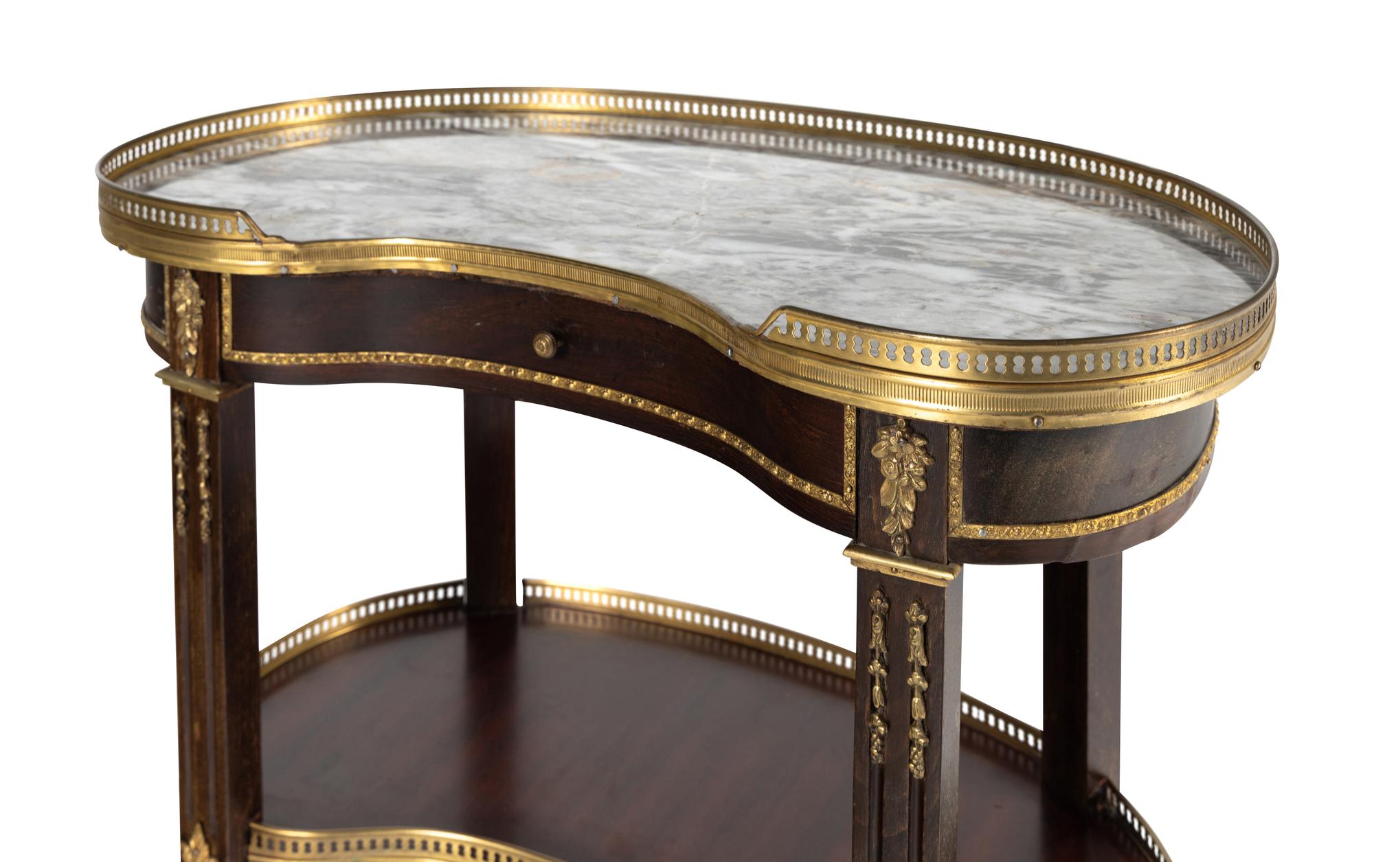 A Pair of Louis XVI Style Gilt Bronze Mounted Mahogany Marble-Top Side Tables