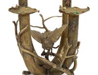A Pair of Cast Brass Four-Light Candelabra with Birds and Insects